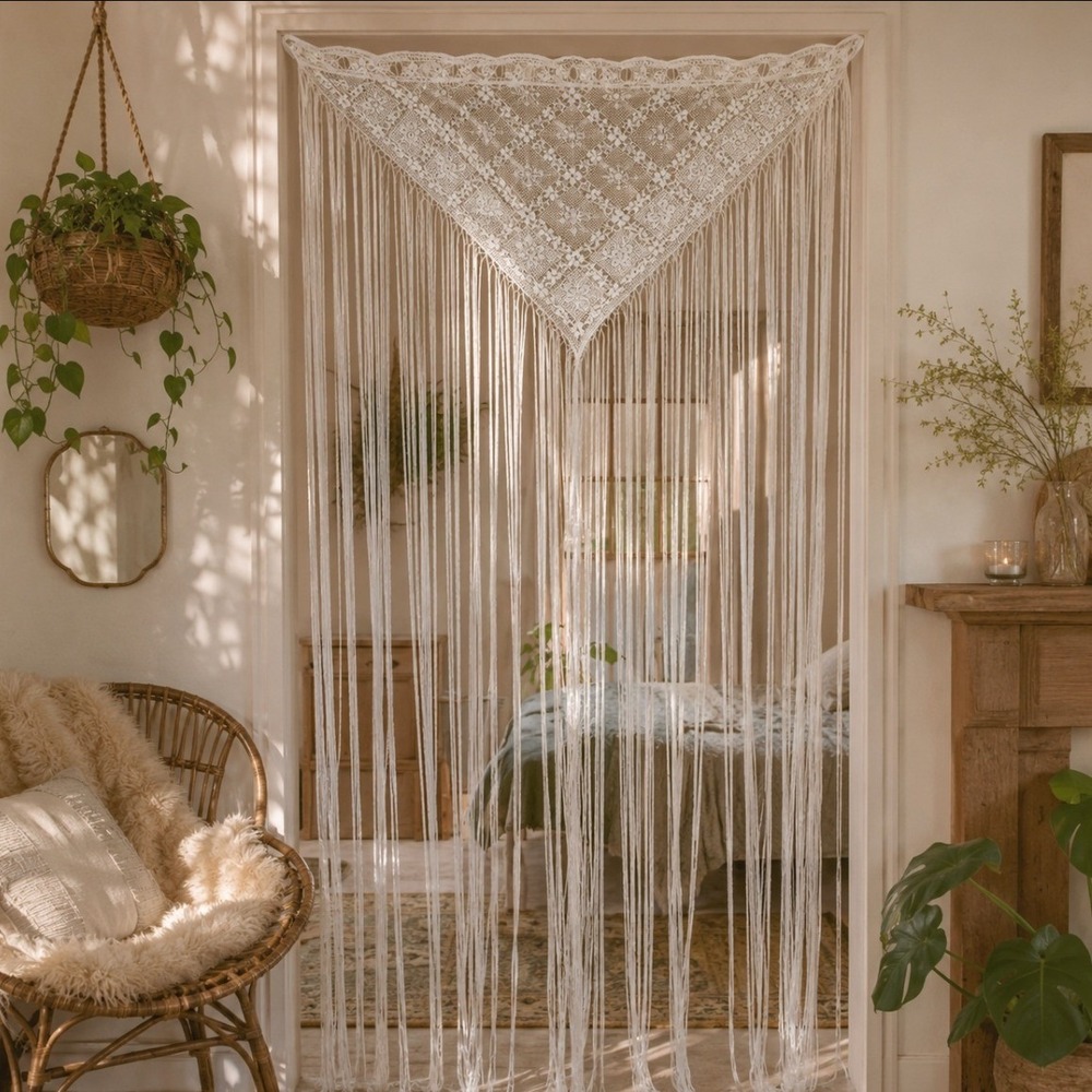 Vintage Lace Curtain Panel Fringe 58x85 White Shabby Chic Patchwork Boho Cottage